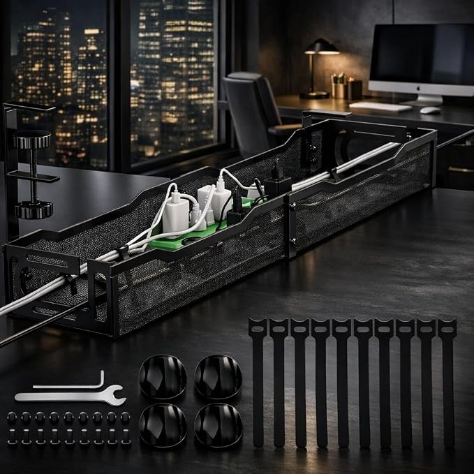 Under Desk Cable Management Tray – 25” Metal Cable Organizer with Clamp Mount, No Drill Wire Management Rack for Office & Home Desk (Black) - Image 2