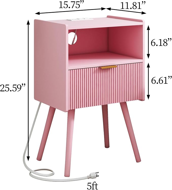 JOONEE Nightstand with Oultlet,Modern Bedside Table with Storage Drawer and Open Wood Shelf, for Living Room, Bedroom and Small Spaces, Accent Night Stand with Solid Wood Legs, Easy Assembly,Pink - Image 2