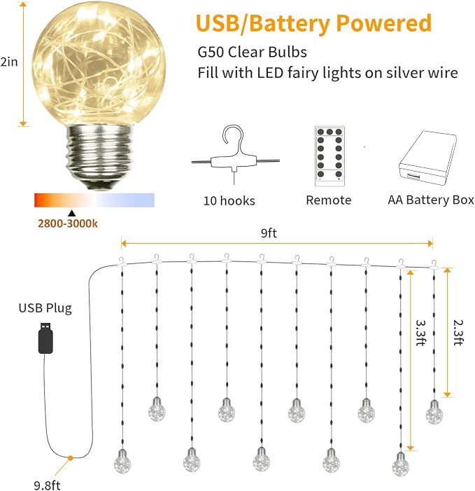 YOLIGHT Wishing Ball Curtain Lights 200 LED Window Curtain String Lights with Remote, USB Battery Powered Twinkle Globe Fairy Lights for Wedding Party Bedroom Christmas Decoration (Warm White) - Image 6