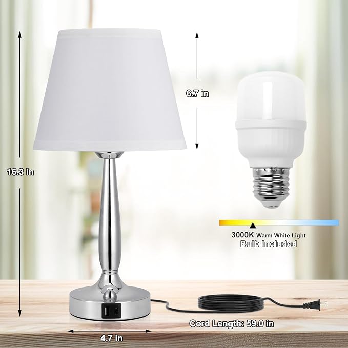 Kakanuo Touch Table Lamp for Bedroom, Small Bedside Lamp with USB C Charging Port, 3 Way Dimmable Touch Control Nightstand Lamp for Living Room and Office, White Shade and Silver Base - Image 7