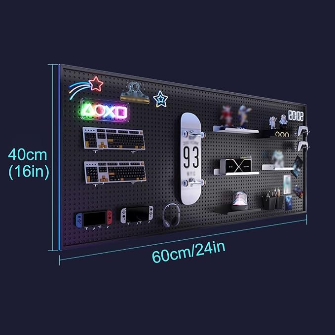 Desk Pegboard Metal Gaming Pegboard Black Peg Board Organizer with 20 Pcs Hooks for Office, Garage Tools, Kitchen, Craft(60x40cm/24x16in) - Image 2