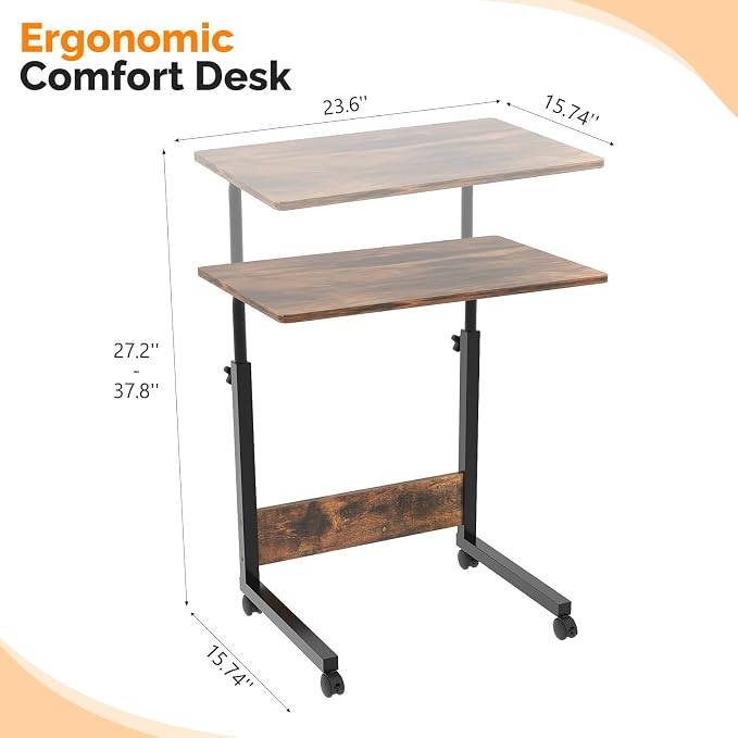 FCH Portable Computer Workstation, Standing Desk Adjustable Height, Small Computer Desk w/Rolling, Sit Stand Laptop Desk TV Tray for Bed Sofa Hospital Reading Eating, Rustic Brown, 23.6" - Image 3
