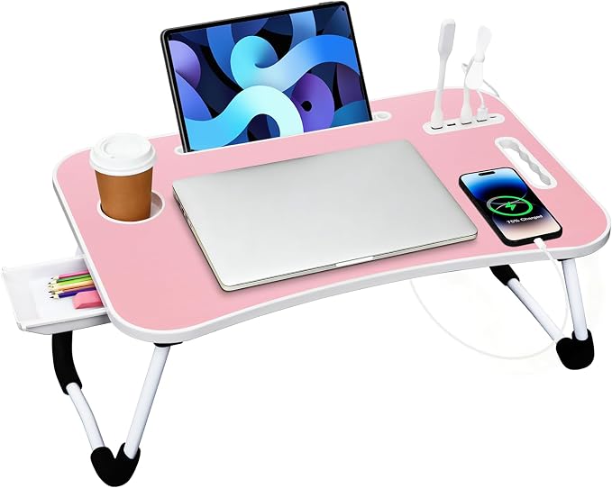 Portable Bed Desk, Foldable Laptop Desk with 4 USB Charge Port/Cup Holder/Tablet Slot/Storage Drawer, Folding Lap Table for Working, Writing, Drawing and Eating (Pink) by WGCTEK