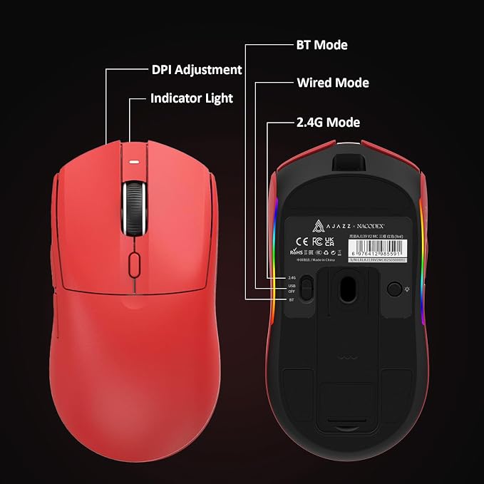 AJ139 V2 MC Wireless Gaming Mouse 2.4G Wired/Bluetooth | RGB Magnetic Charging Dock | Lightweight Design | 12K DPI | 500mAh Battery | PAW3311 Sensor | 5 Programmable Buttons, Compatible with PC/Mac - Image 8