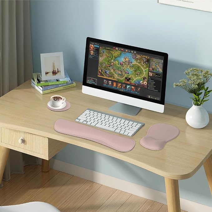 RICHEN Wrist Rest Support for Mouse Pad&Keyboard Set with Coaster,Concave Curved Memory Foam, Non-Slip Base Pain Relief Comfortable Easy Typing Pad for Home/Office (Lycra Pink) - Image 7