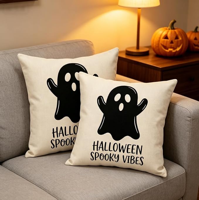 Halloween Ghost Throw Pillow Covers, Linen, 18x18 Inch, Set of 2, Spooky Vibes Design, Square, Machine Washable - Image 7