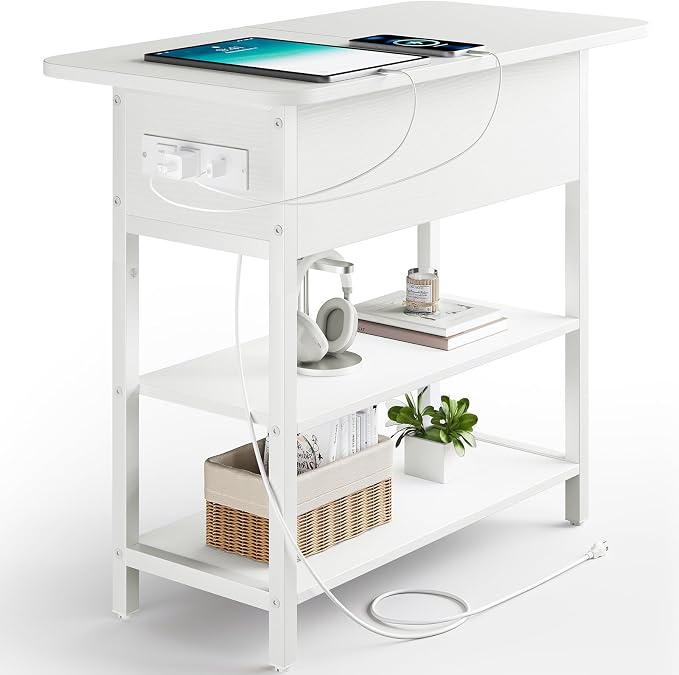 Yoobure End Table with Charging Station, Flip Top Side Table with USB Ports and Outlets, Sofa Couch Table Bedside Table for Living Room Bedroom, Narrow Nightstand with Storage Shelves for Small Spaces by Yoobure