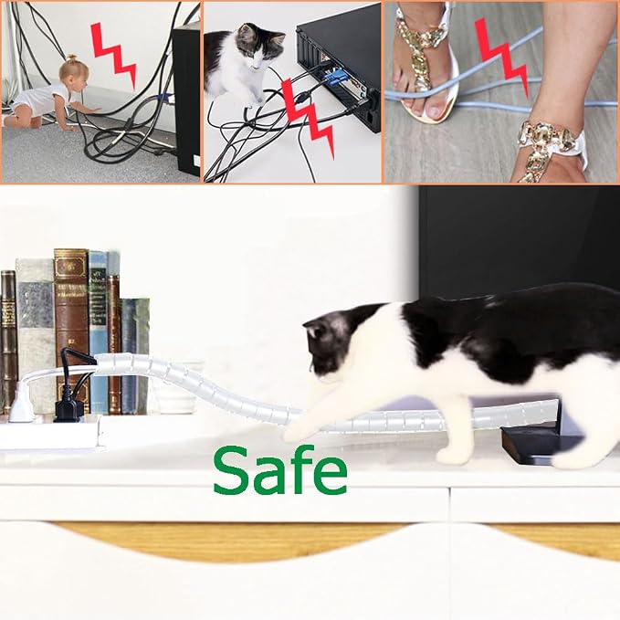 Large Cable Management White Computer Wire Sleeve Organizer Coiled Under Desk Tubes 2 PCS, 1.1 inch -5 ft EZ Spiral Cable Bundler Cover for TV Office, Pet Chew and Bite Proof Cable Protector - Image 4