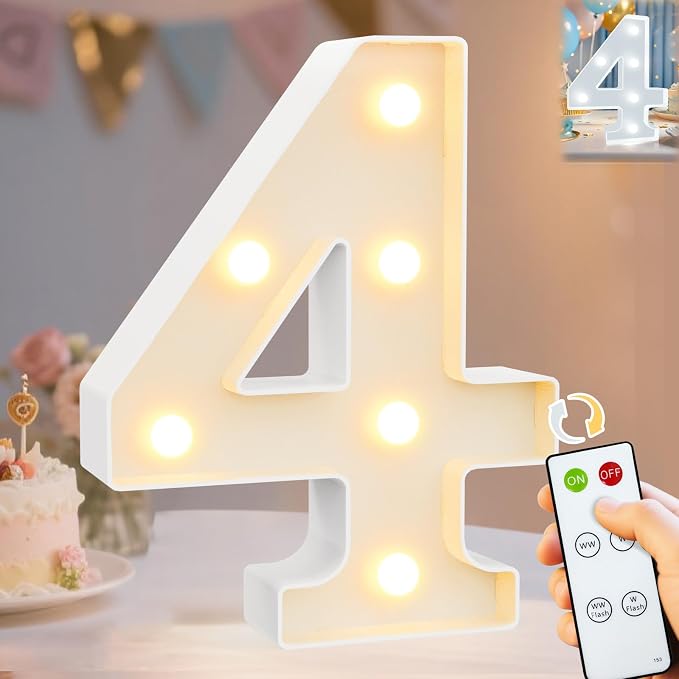 Pooqla LED Light Up Numbers, Marquee Number with Remote for 4th Birthday Decoration, Lighted Numbers Gift for Boys Girls Party Backdrop Wedding Anniversary Decor, Warm White and Cool White Number 4 by Pooqla