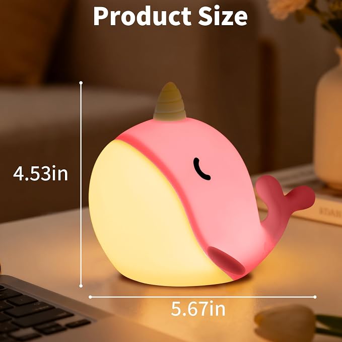 Cute Narwhal Night Light, Tap Control with 3 Warm White Brightness, USB Kids Bed Lamp with 30-Minute Timer, Soft Silicone Glow for Nursery, Birthday Gift (Pink Narwhal) - Image 2