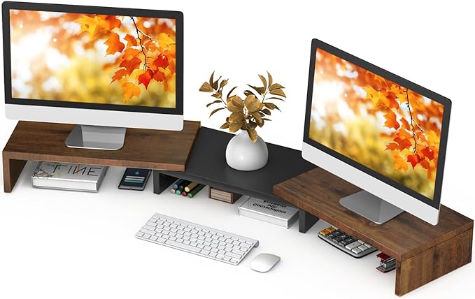 TAVR Dual Monitor Stand Riser, Wooden Computer Monitor Stand for 2 Monitors | Extra Long Multifunctional Desktop Organizer Riser for TV, PC Monitor, Laptop, Printer, Max 43.3" Length, Rustic Brown by TAVRFurniture