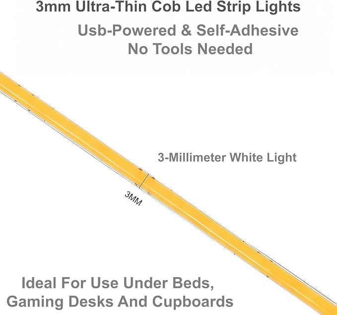 Ultra-Narrow 3mm USB COB LED Strip Lights Self-Adhesive, for Kitchen Cabinets, Bedroom, Gaming Desk (6000k Cool White, 3ft) - Image 8