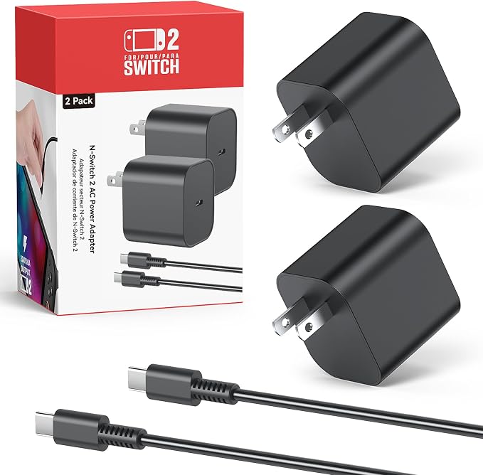 (2 Pack) Switch 2 Charger with 5FT/10FT USB-C Cables, 60W PD3.0 Fast Charger for Nintendo Switch 2/1/OLED/Lite/Steam Deck, 4K TV Dock Ready AC Adapter, Works with USB-C Devices – Compact & Durable by MENEEA
