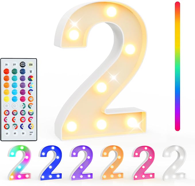 Pooqla Colorful Light Up Numbers, 35 Colors LED Marquee Number Lights for 2nd Birthday Decorations with Remote, RGB Lighted Numbers Gift for Girls Boys Party Night Light Wedding Home Decor, Number 2 by Pooqla