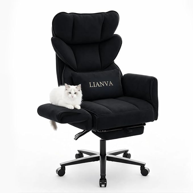 Big and Tall Office Chair, Reclining Executive Desk Chair, Cross Legged Ergonomic High Back Computer Gaming Chair with Flip Armrests Lumbar Support Footrest, Black Vanity Chair by LIANVA