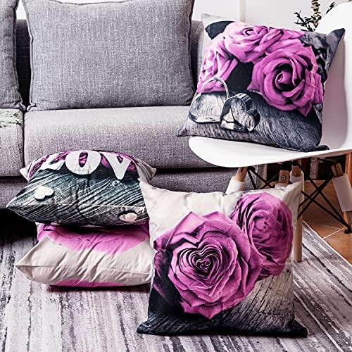 Light Purple Rose Throw Pillow Covers Set of 4 20x20” Flower Decorative Cotton Linen Square Pillow Cases for Bedroom Outdoor Patio Couch Cotton Linen Cushion Covers Living Room Bed Sofa Home Decor - Image 6
