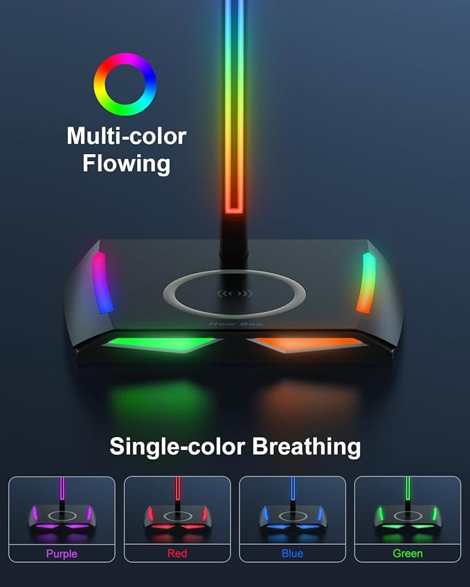 New Bee RGB Headphone Stand with 2 USB-C & 1 USB Charging Ports, Desk Gaming Headset Holder with 7 Light Modes and Non-Slip Rubber Base Suitable for All Earphone Accessories | 2 USB-C & 1 USB Charging Ports, 7 Light Modes, All Earphone Accessories - Image 2