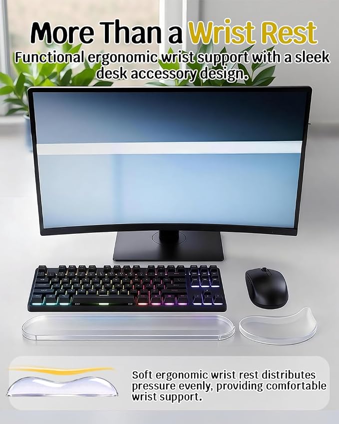 Clear Gel Keyboard Wrist Rest with Mouse Pad Wrist Support, Ergonomic Wrist Rest for Computer Keyboard and Mouse, Non-Slip Cooling Keyboard Pad for Office, Gaming & Laptop (Clear) - Image 2