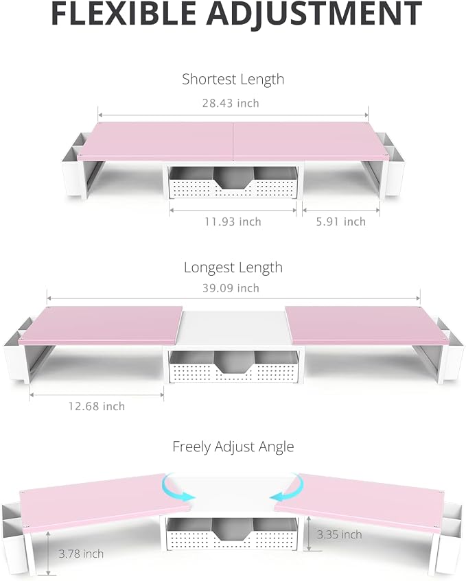OPNICE Desk Organizers and Accessories, Dual Monitor Stand Riser with Drawer and 2 Pen Holders, Desk Shelf Computer Racks for Office Workspace Organizers, Desktop Organization (Pink-White) - Image 3