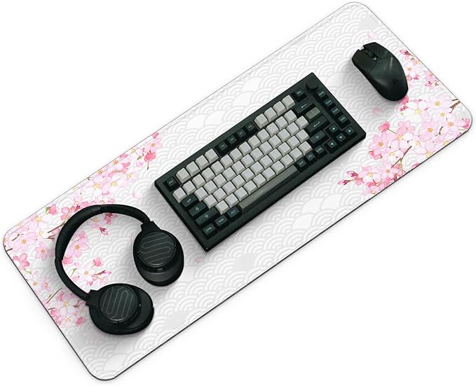 Gaming Mouse Pad with Anti-Slip Rubber Base, Extended Large Computer Mouse Mat with Stitched Edges, Long XL Anime Mousepad for Laptop and Keyboard, 31.5 x 11.8 inch (Grey Cherry Blossom) - Image 3