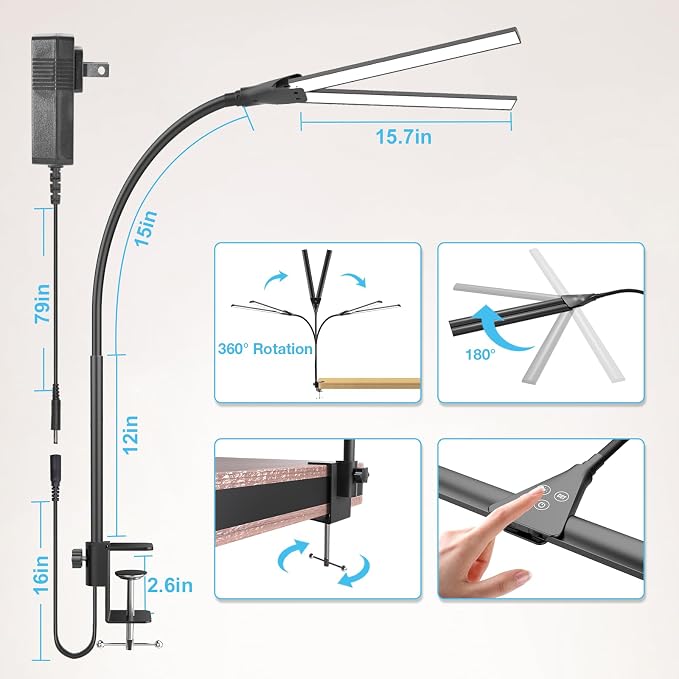 Hensam 31.5in Desk Lamps for Home Office, LED Desk Light with Clamp - Image 7