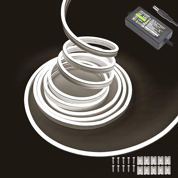 White Neon LED Strip Lights, 16.4ft 12V Waterproof Flexible Light for Indoor/Outdoor Decoration (Includes Power Adapter) by Maxlaxer