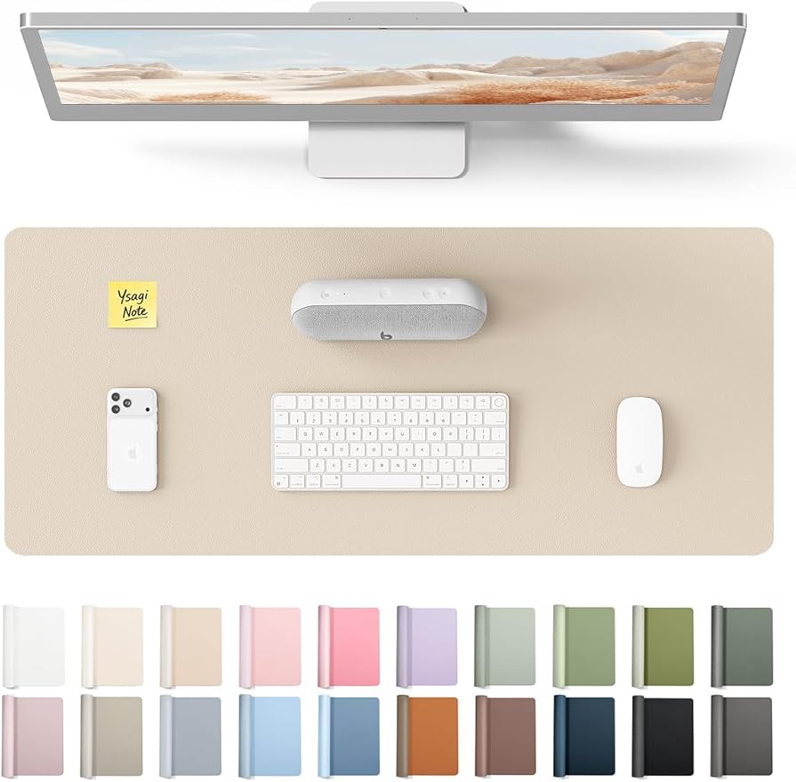 YSAGi Leather Desk Pad Protector, Office Desk Mat, Large Mouse Pad, Non-Slip PU Leather Desk Blotter, Waterproof Laptop Desk Writing Pad for Office and Home (23.6" x 13.8", Eggshell) by YSAGi