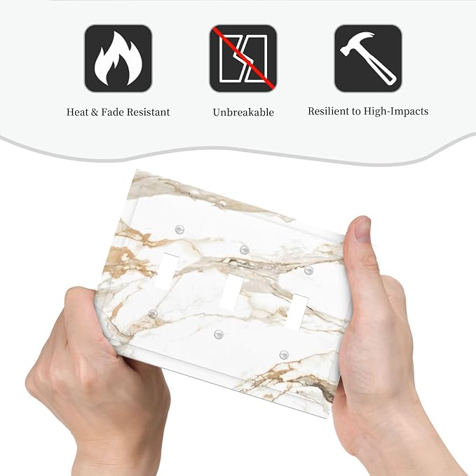 Decorative Light Switch Cover Plate Abstract Luxury White Gold Marble 3 Gang Wall Plate Triple Toggle Switch Plate Covers 3 Hole Electrical Switchplate Dimmer Faceplate for Bedroom Decor - Image 6