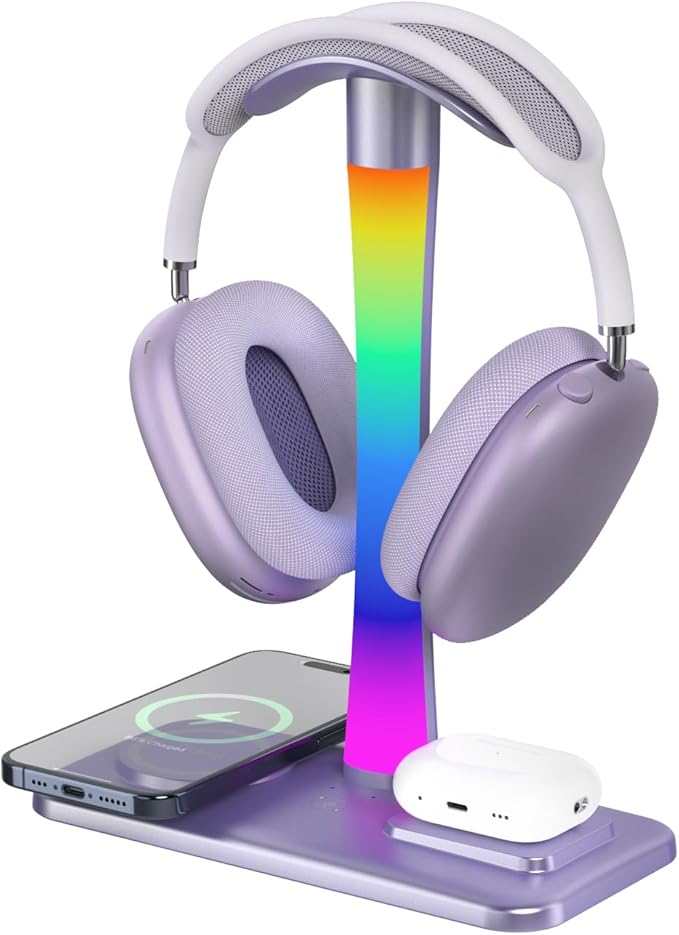 Headphone Stand with Wireless Charger,Gaming Headset stand with RGB Light,For Airpod Max Stand Compatible with Airpod Pro/3/2,For iPhone 17/16/15/14/13/12/11,Gifts for Gamers & Music Lover (Purple) - Image 2