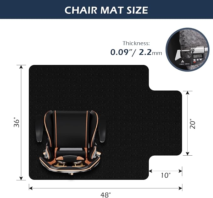 SALLOUS Office Chair Mat for Carpet, 48" x 36" Heavy Duty Chair Mat for Carpeted Floors, Gaming Floor Mat with Grips, Rolling Desk Chair Floor Mat for Home Office (Black, Extended Lip) - Image 2