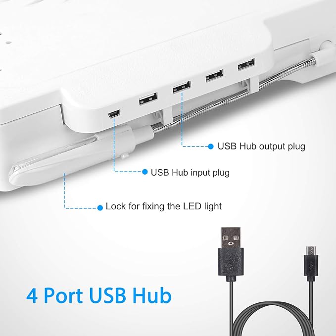 TeqHome Laptop Table for Bed, Adjustable Laptop Bed Desk with Fan, 4 USB Ports, Portable Lap Desk with Foldable Legs, Laptops Stand for Couch Sofa Bed Tray with LED Light, Storage, Mouse Pad - White - Image 3
