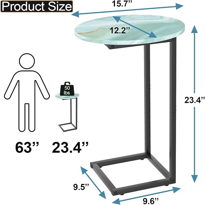 C Shaped End Side Table, Small Oval Couch Sofa Table for Bed, Snack Side Table with Metal Frame, TV Tray Table with White Marble for Small Space, Living Room, Bedroom, Bedside(Sea Blue) - Image 2