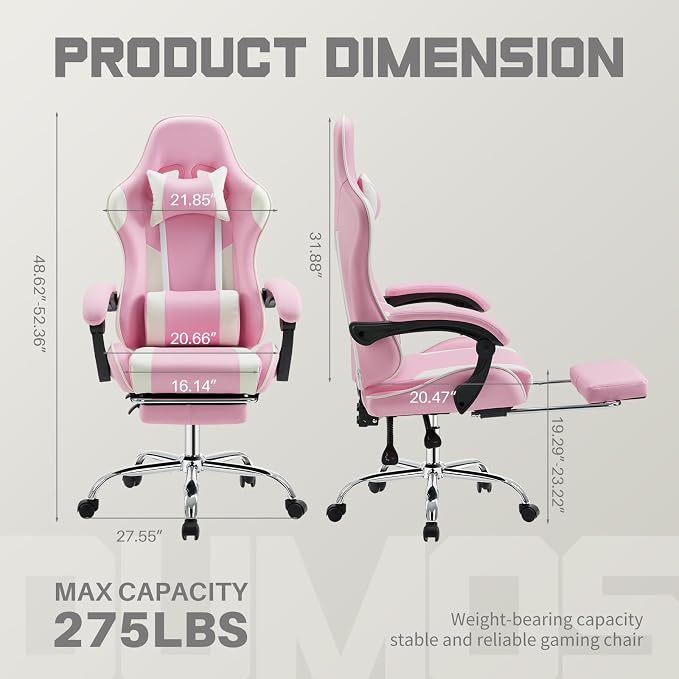 DUMOS Ergonomic Gaming Chair with Footrest, Home Office Desk Chair | PU Leather, Headrest, Linkage Armrests, Height Adjustable, 360 Swivel Reclining, Pink White - Image 3