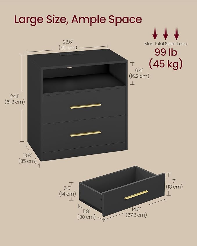 VASAGLE 23.6 Nightstands, LED Lights, Charging Station, 2 Drawers - Image 2