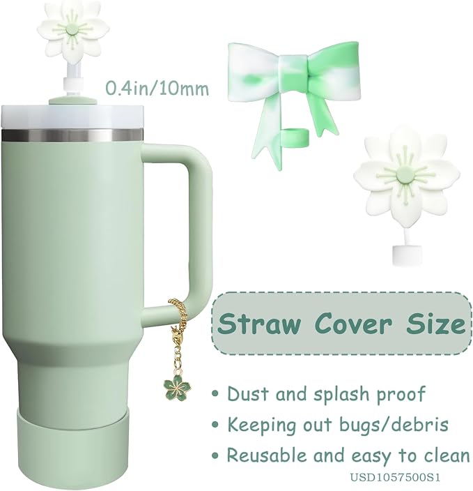 Stanley Cup Accessories Set,Including 2 Pcs 0.4in Straw Cover, 1 Silicone Spill-Proof Stopper Set of 3, 1 Cute Flowers Handle Charm, 1 Silicone Boot Fits Stanley 40&30 Oz Tumbler (Matcha Cream) - Image 2