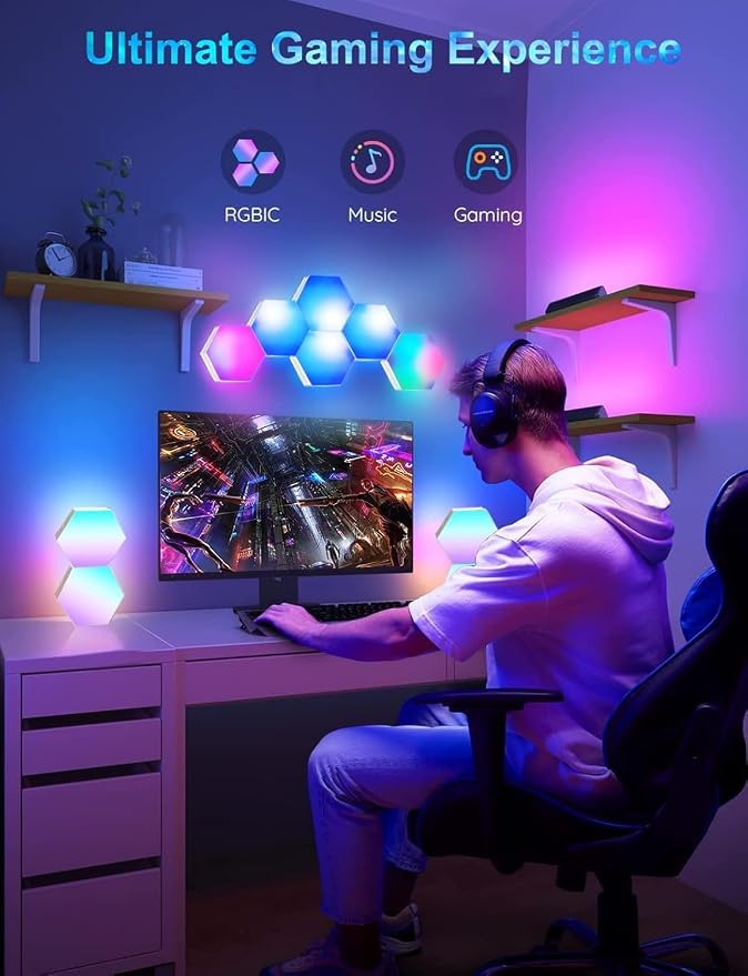 Gaming LED Hexagon Lights, Smart Hexagon Wall Lights App and Remote Control, LED Light Panels for Wall Music Sync, DIY Geometry RGB Gaming Room Decor for Living Bedroom Streaming, 7 Panels - Image 2