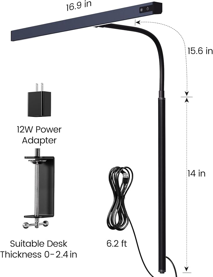 SUPERDANNY LED Desk Lamp for Office Home, Eye-Caring Desk Light with Adjustable Gooseneck, 12W Touch Control Dimmable Brightness, Architect Clamp Lamp with USB Adapter, Grey - Image 6