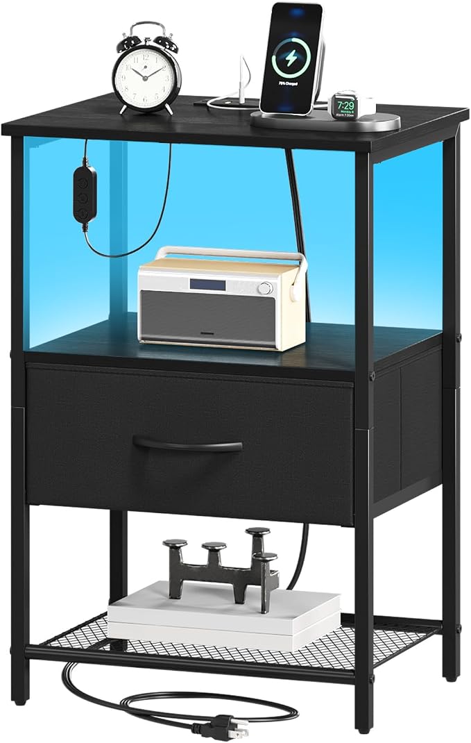 Somdot Nightstand with Charging Station & LED Light, Bedroom Bedside Table by Somdot