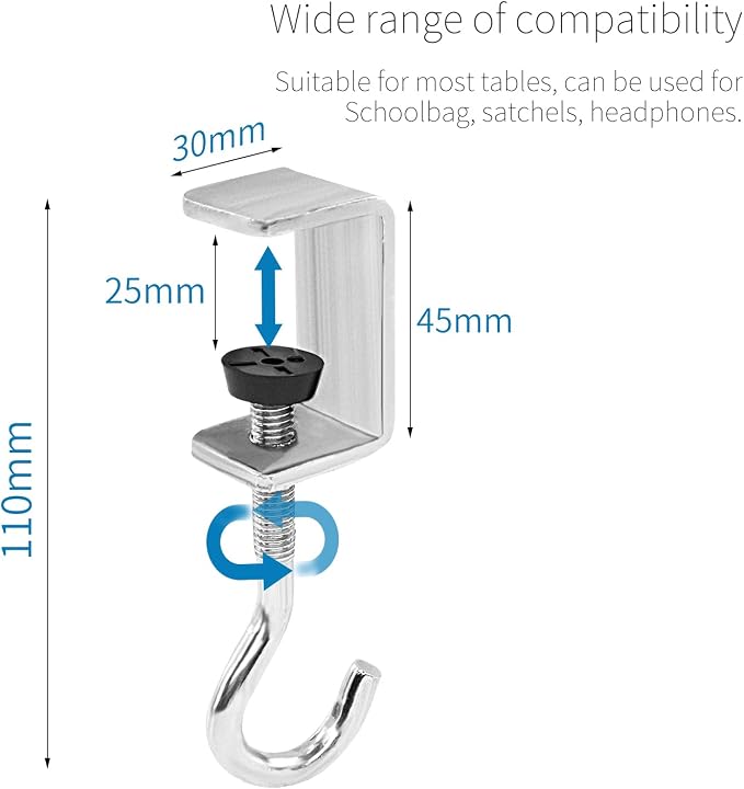 Zayin 2 Pack Desk Bag Holder Schoolbag Hooks Headphone Hanger Stand Adjustable Metal Under Desk Clamp Hook Mount for Portable Bag Gaming Headphones Clothes Table Hook Save Space - Image 3