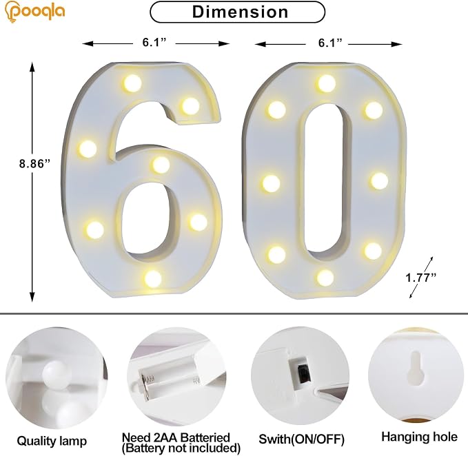 Pooqla 60th Birthday Decorations for Men Women, 35 Colors LED Light Up Numbers with Remote, Multicolor Marquee Numbers 60 Sign for Party Wedding Anniversary Decor 60th Birthday Gift, Number 60 - Image 5