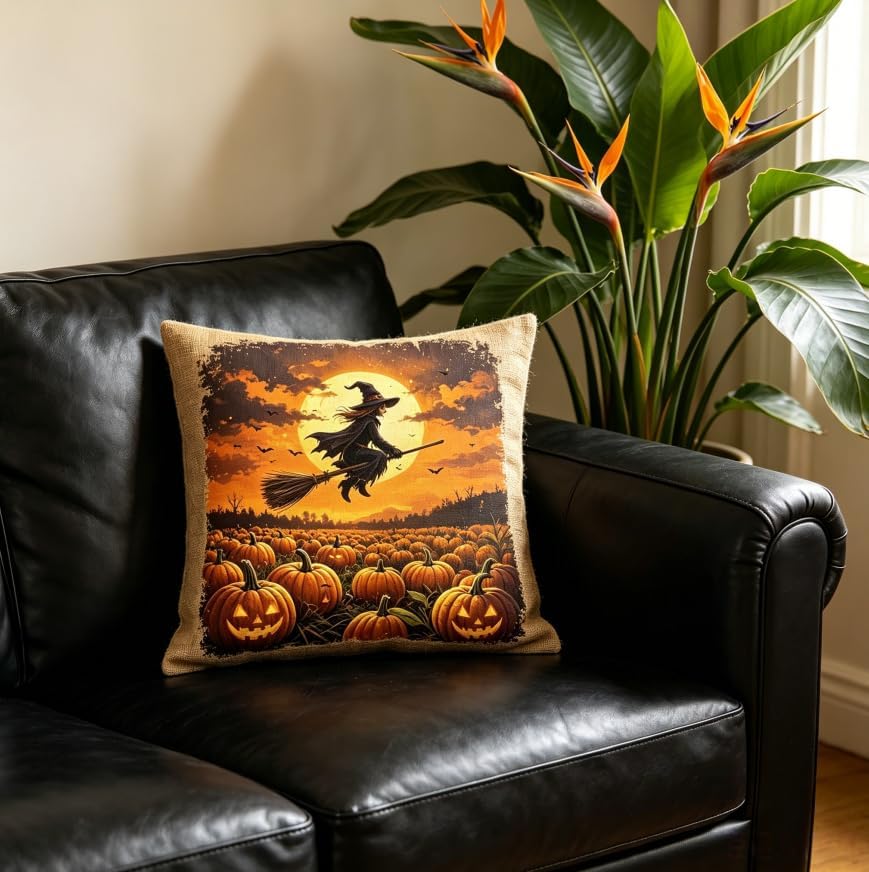 Halloween Throw Pillow Covers, Linen, 18x18 Inch, Set of 2, Witch and Skeleton Pumpkin Design, Machine Washable - Image 4
