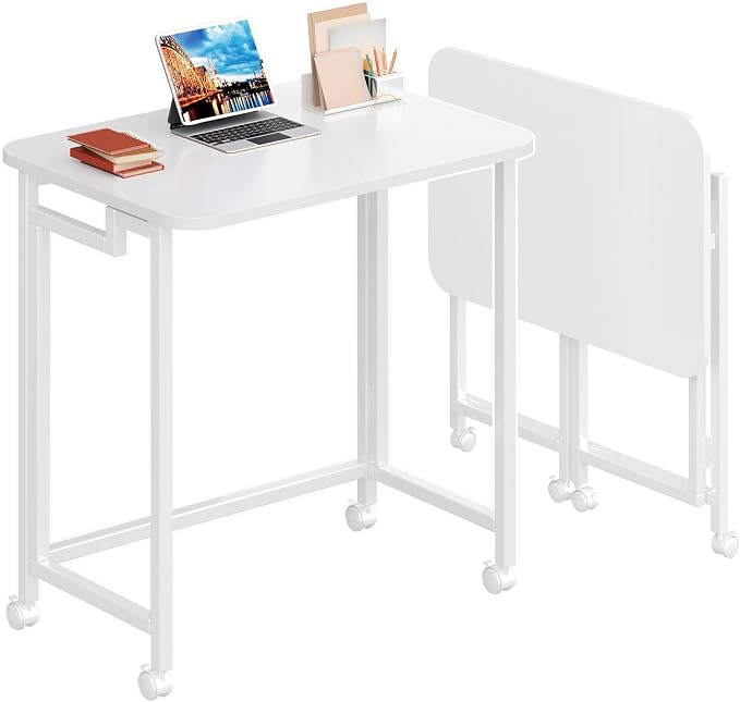 4NM 23.6" Mobile Small Rolling Computer Desk, Folding Laptop Cart Table with Wheels, Portable Office Desk for Small Space Couch Bed - All White by 4NM