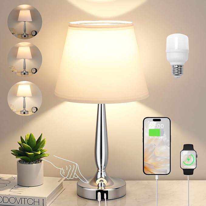 Kakanuo Touch Table Lamp for Bedroom, Small Bedside Lamp with USB C Charging Port, 3 Way Dimmable Touch Control Nightstand Lamp for Living Room and Office, White Shade and Silver Base by KakanuoLightings