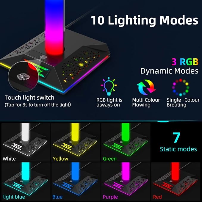 Gaming Headphone Stand PC Accessories - RGB Headset Stand with 2 USB and 1 Type-C Ports, LED Headphone Stand Gift for Boys Men, Computer Game Accessories for Desk - Image 3
