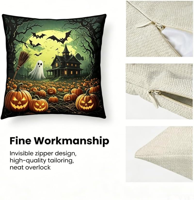 Halloween Throw Pillow Covers, Spooky Ghost Pumpkin Design, Linen, 18x18 Inch, Set of 2, Machine Washable - Image 3