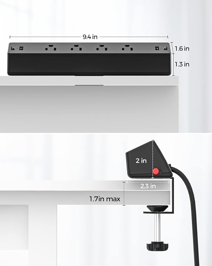 Desk Clamp Power Strip, Flat Plug Fast Charging Station, Desk Mount Surge Protector with PD 20W USB C Ports, Fit 1.7 inch Tabletop Edge Thick, Desktop Outlets for Home Office. (Pack of 2) - Image 6