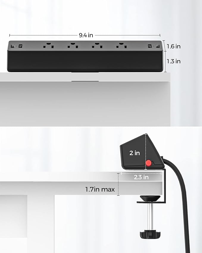 Desk Clamp Power Strip, 4 AC Outlets 4 USB Ports, Fit 1.7in Tabletop Edge - Image 6