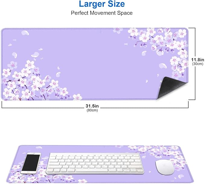 IMAYONDIA Sakura Japanese Desk Mat, Cherry Blossom Large Gaming Mouse Pad, Elegant Floral Mousepad for Women, Purple Flowers Aesthetic Desk Pad for Work Decor, Game, Office, 31.5x11.8 - Image 2