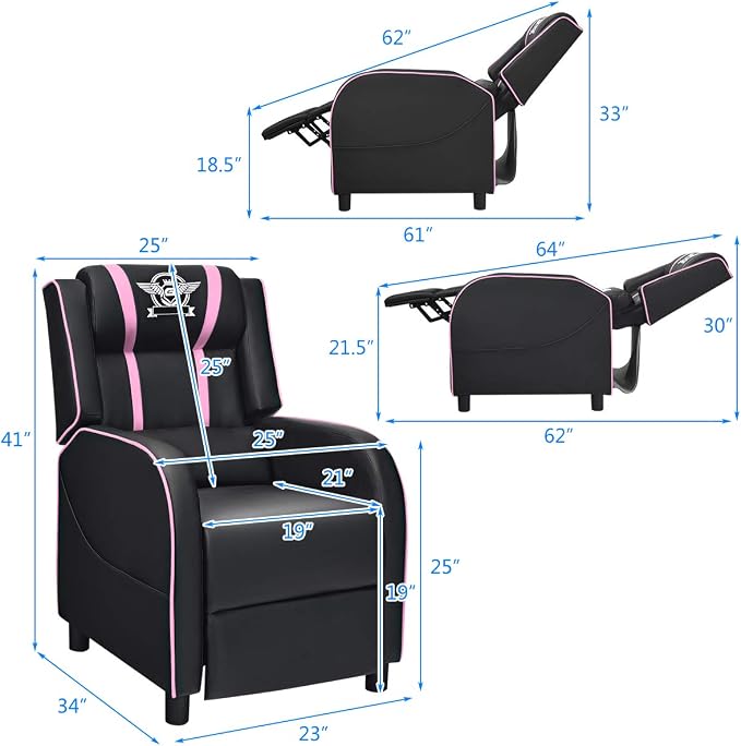 Giantex Gaming Recliner Chair, Adjustable Massage Gaming Chairs for Adults, Ergonomic Comfortable Lounge Leather Sofa w/Footrest, Remote Control & Side Pocket, Racing Style Single Sofa Recliners, Pink - Image 3