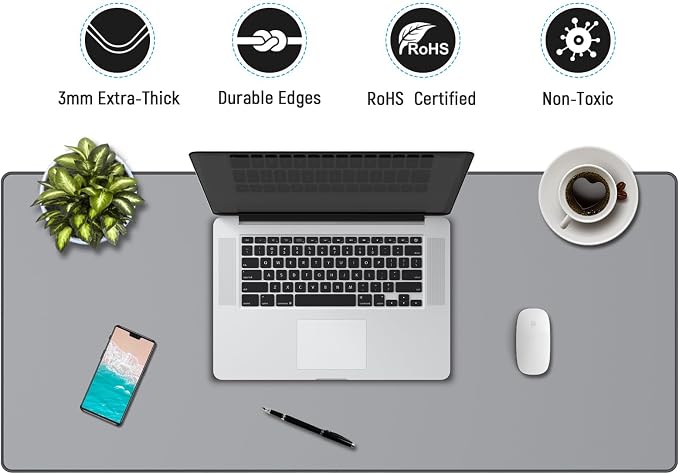 JIALONG Desk Mat - Large Desk Pad, Gaming Mouse Pad, Office Desk Protector with Anti-slip Base, Anti-wear Personalized Design, Mousepad in Mid-Grey - Image 5